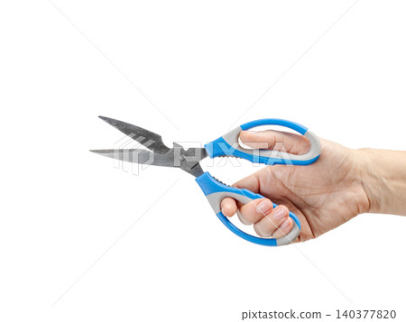 Woman's hand holding a kitchen scissors on the white background. Woman's hand holding a kitchen scissors on the white background. 140377820
