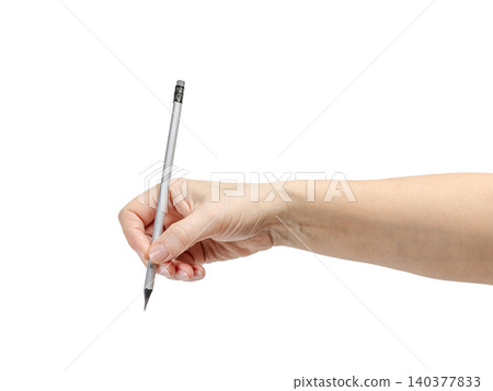 Woman's hand holding a gray pencil on the white background. Woman's hand holding a gray pencil on the white background. 140377833