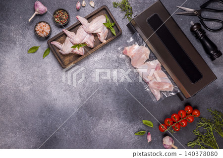 Preparing raw chicken wings for vacuum sealing and preservation Preparing raw chicken wings for vacuum sealing and preservation 140378080
