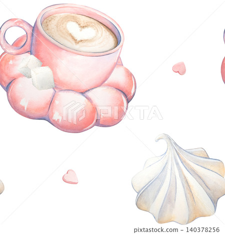 A seamless watercolor pattern with a pink coffee mug and saucer. Hand-painted cappuccino with meringue. Isolated morning breakfast with sugar. Suitable for menus, coffee shops, and cafes. A seamless watercolor pattern with a pink coffee mug and saucer. Hand-painted cappuccino with meringue. Isolated morning breakfast with sugar. Suitable for menus, coffee shops, and cafes. 140378256
