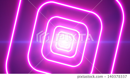 Abstract pink glowing rounded squares shrinking into a bright center, creating a vivid neon tunnel effect. Abstract pink glowing rounded squares shrinking into a bright center, creating a vivid neon tunnel effect. 140378337