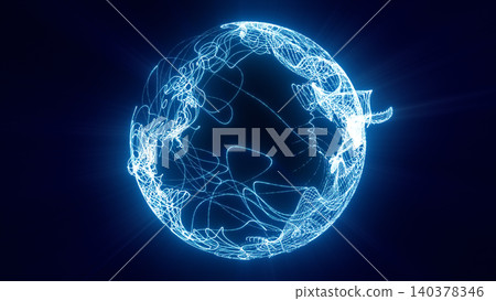 Glowing abstract blue sphere made of flowing light trails and digital lines on a dark background, symbolizing energy, data, and futuristic technology Glowing abstract blue sphere made of flowing light trails and digital lines on a dark background, symbolizing energy, data, and futuristic technology 140378346