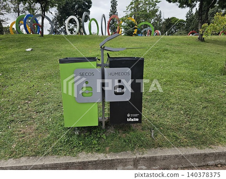 Cordoba, Argentina - April 11, 2026: Waste separation station promoting urban recycling Cordoba, Argentina - April 11, 2026: Waste separation station promoting urban recycling 140378375
