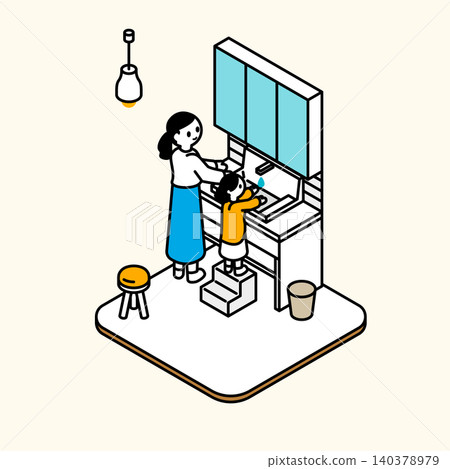Isometric illustration of a parent and child washing their hands at a sink. 140378979