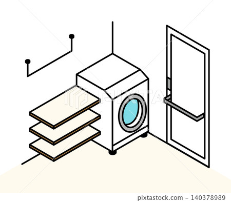Isometric illustration of a dressing room/laundry room with a drum-type washing machine and storage shelves. 140378989