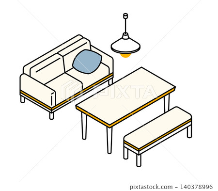 Isometric illustration of a sofa and dining table set 140378996