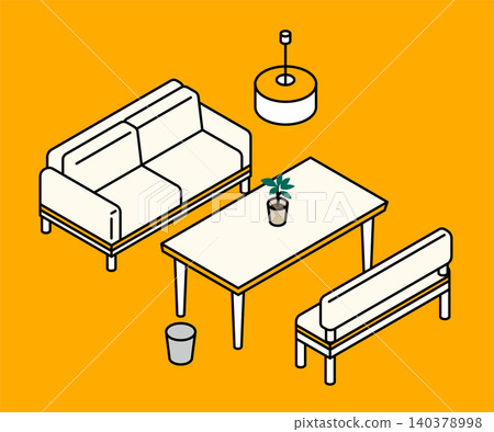 Isometric illustration of a sofa and dining table set 140378998