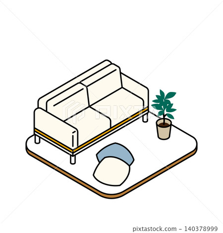 Isometric illustration of a living room with a two-seater sofa and a houseplant. 140378999