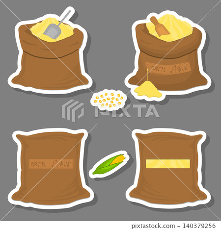 Illustration on theme big set different types sacks filled raw product corn flour Illustration on theme big set different types sacks filled raw product corn flour 140379256