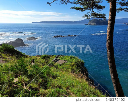 The sparkling Miyako Bay and reefs as seen from below the Hamanasu Observatory, shrouded in morning mist. 140379402