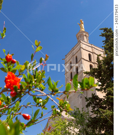 Notre Dame des Doms Cathedral Tower with Golden Virgin Statue in Avignon France 140379433