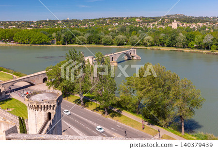 Pont Saint Benezet Bridge Across Rhone River in Avignon France 140379439