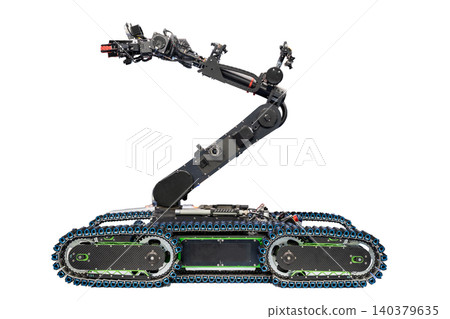 Bomb detection and disposal robot used for pyrotechnic operations and reconnaissance, chemical detection and rescue operations, manipulator with extendable arm. Bomb detection and disposal robot used for pyrotechnic operations and reconnaissance, chemical detection and rescue operations, manipulator with extendable arm. 140379635