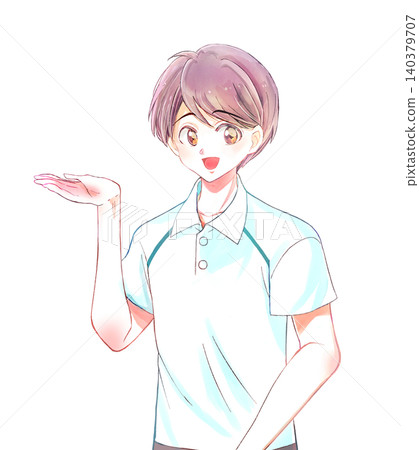 一名身穿polo衫的男子正在指路；一名護理人員/助手；面帶微笑。 140379707