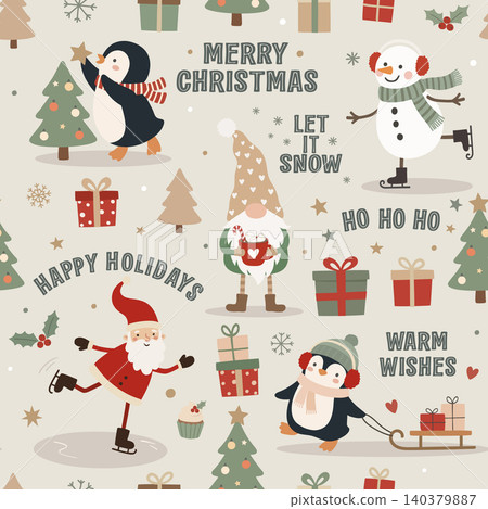 Christmas seamless pattern with Santa, penguins, snowman, gnome, gifts, trees, snowflakes, slogans, and cozy winter decor 140379887