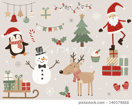 Christmas clipart set with Santa, penguin, snowman, reindeer, tree, gifts, lights, ornaments, candy, and cozy winter decor 140379888
