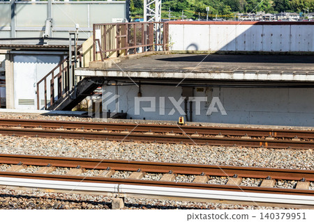 The structure of railway ballast tracks and station platform ends The structure of railway ballast tracks and station platform ends 140379951