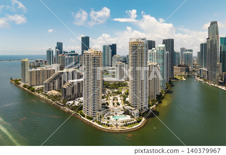 Scenic panorama of Miami financial district. Brickell in Miami city. Miami Urban landscape with iconic buildings. Miami cityscape. Scenic panorama of Miami financial district. Brickell in Miami city. Miami Urban landscape with iconic buildings. Miami cityscape. 140379967