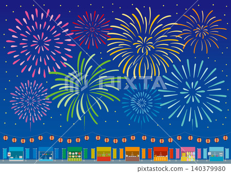 A horizontal image illustration depicting a festival, featuring fireworks, food stalls, and lanterns, with a background. A horizontal image illustration depicting a festival, featuring fireworks, food stalls, and lanterns, with a background. 140379980