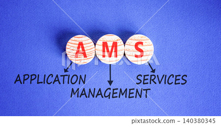 AMS application management services symbol. Concept words AMS application management services on beautiful wooden circles. Beautiful blue background. Business AMS concept. Copy space. AMS application management services symbol. Concept words AMS application management services on beautiful wooden circles. Beautiful blue background. Business AMS concept. Copy space. 140380345