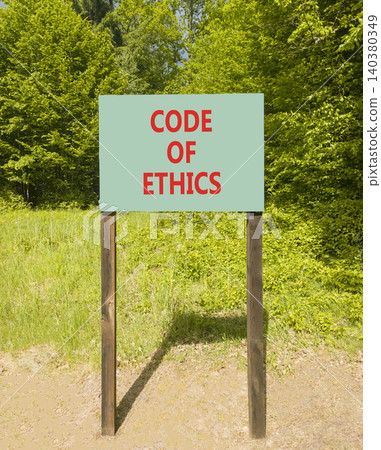 Code of ethics words symbol. Concept words Code of ethics on beautiful green road sign. Beautiful green forest background. Business Code of ethics concept. Copy space. 140380349