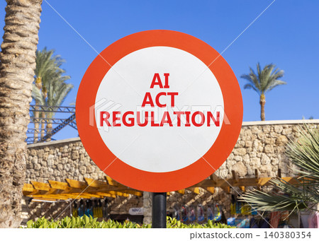 AI act regulation words symbol. Concept words AI artificial intelligence act regulation on beautiful white road sign. Beautiful blue sky background. Business AI act regulation concept. Copy space. 140380354