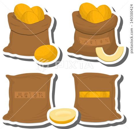 Big fruit set from tasty melon in large textured sacks Big fruit set from tasty melon in large textured sacks 140380424
