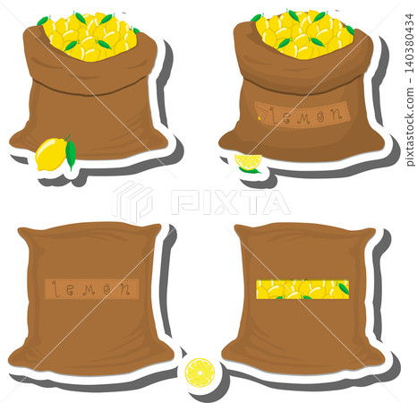 Big fruit set from tasty lemon in large textured sacks Big fruit set from tasty lemon in large textured sacks 140380434