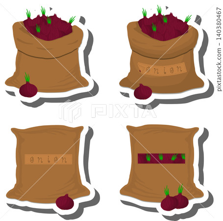Big vegetable set from tasty onion in large textured sacks Big vegetable set from tasty onion in large textured sacks 140380467