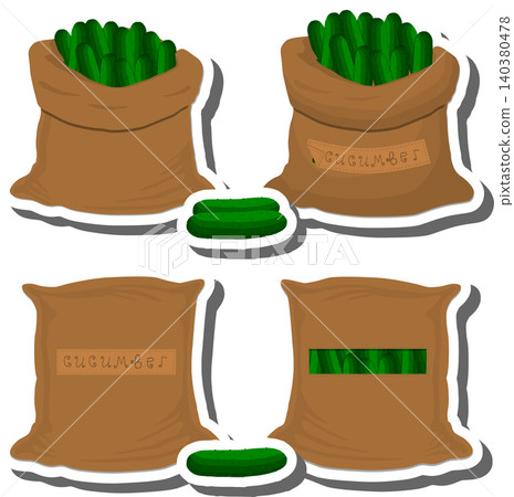 Big vegetable set from tasty cucumber in large textured sacks 140380478
