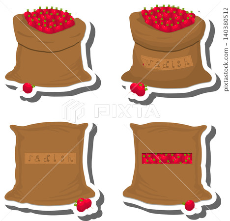 Big vegetable set from tasty red radish in large textured sacks 140380512
