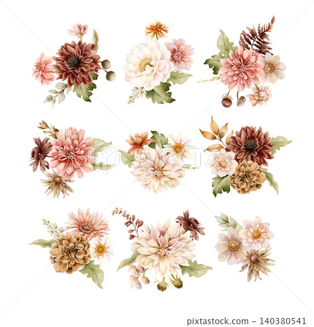 Autumn flower bouquets. Dahlia Chrysanthemum Astra Arrangements. Watercolor hand drawn floral illustration isolated on white background fall design wedding home textile cosmetic package crockery Autumn flower bouquets. Dahlia Chrysanthemum Astra Arrangements. Watercolor hand drawn floral illustration isolated on white background fall design wedding home textile cosmetic package crockery 140380541