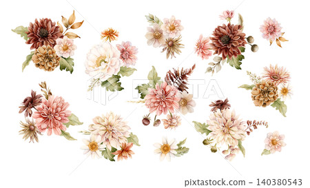 Autumn flower bouquets. Dahlia Chrysanthemum Astra Arrangements. Watercolor hand drawn floral illustration isolated on white background fall design wedding home textile cosmetic package crockery Autumn flower bouquets. Dahlia Chrysanthemum Astra Arrangements. Watercolor hand drawn floral illustration isolated on white background fall design wedding home textile cosmetic package crockery 140380543