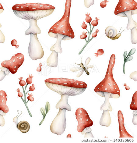 Cute Fly Agaric Mushrooms Red Berries Snail Dragonfly Seamless Pattern. Watercolor summer floral forest illustration hand painted isolated on white background nursery design fresh prints home textile Cute Fly Agaric Mushrooms Red Berries Snail Dragonfly Seamless Pattern. Watercolor summer floral forest illustration hand painted isolated on white background nursery design fresh prints home textile 140380606