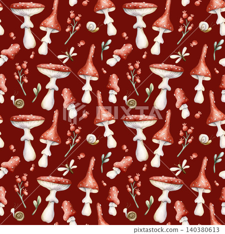 Cute Fly Agaric Mushroom Red Berries Snail Dragonfly Seamless Pattern. Watercolor summer floral forest illustration hand painted isolated on dark red background nursery design fresh print home textile Cute Fly Agaric Mushroom Red Berries Snail Dragonfly Seamless Pattern. Watercolor summer floral forest illustration hand painted isolated on dark red background nursery design fresh print home textile 140380613