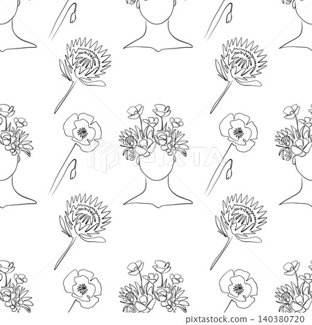 Seamless pattern. Outline drawing of abstract girls with flowers. Minimalistic Seamless pattern. Outline drawing of abstract girls with flowers. Minimalistic 140380720