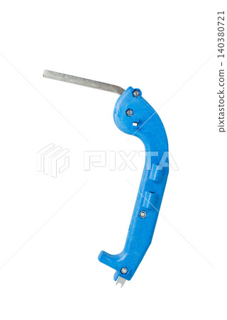 Blue multifunctional adjustment wrench tool for window hardware installation and maintenance on white Blue multifunctional adjustment wrench tool for window hardware installation and maintenance on white 140380721