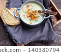 Creamy soup with mushrooms chanterelles and herbs 140380794