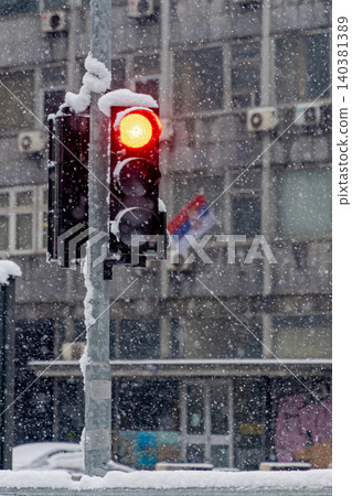 Winter Red Traffic Light Winter Red Traffic Light 140381389