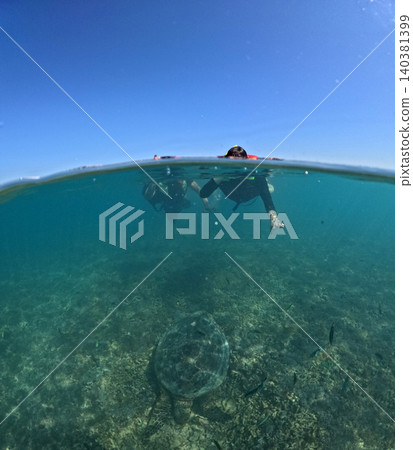 A couple is snorkeling together on a coral reef in clear tropical waters A couple is snorkeling together on a coral reef in clear tropical waters 140381399