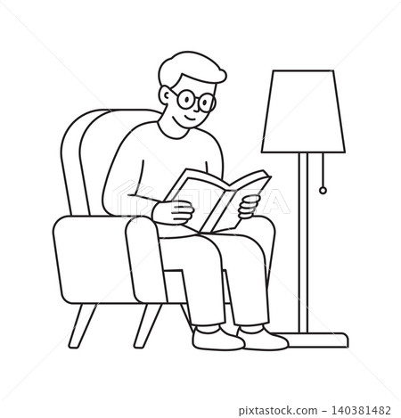Young man sitting in armchair and reading book line art illustration Young man sitting in armchair and reading book line art illustration 140381482