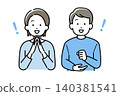 插圖描繪了一對年輕男女面帶微笑，神情滿意。 140381541