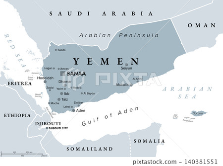 Yemen, political map with capital Sanaa. Country in West Asia and Middle East on the Arabian Peninsula, bordered by Saudi Arabia, Oman, Gulf of Aden, and Red Sea, including Socotra Archipelago. Vector Yemen, political map with capital Sanaa. Country in West Asia and Middle East on the Arabian Peninsula, bordered by Saudi Arabia, Oman, Gulf of Aden, and Red Sea, including Socotra Archipelago. Vector 140381551