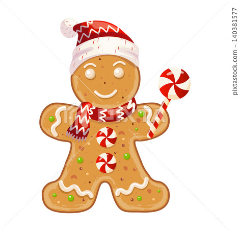 Cute Christmas gingerbread man vector illustration. Holiday gingerbread character wearing Santa hat and scarf holding candy cane. 140381577