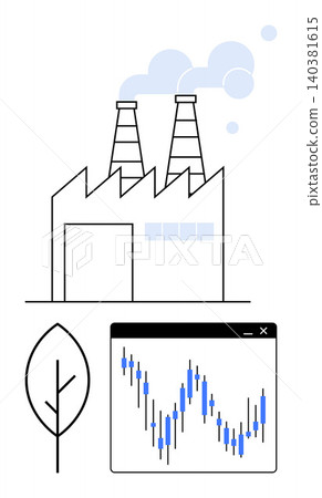 Environmental sustainability, industrial processes, renewable energy, emissions tracking, market trends, economic growth. Factory with chimneys, a leaf and a financial chart. Sustainability Environmental sustainability, industrial processes, renewable energy, emissions tracking, market trends, economic growth. Factory with chimneys, a leaf and a financial chart. Sustainability 140381615