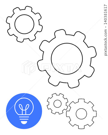 Innovation, teamwork, problem solving, technology, engineering, creativity. Outline of gears and a light bulb icon in blue. Innovation and teamwork concept 140381617