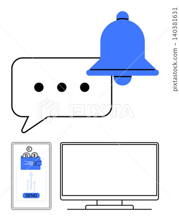 Notifications, messaging, email alerts, technology communication, app design, digital systems. Bell icon and speech bubble with smartphone and computer. Notifications and messaging communication 140381631