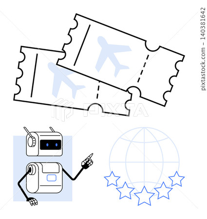 Artificial intelligence, global travel, customer support, online booking, aviation, rating system. Two airplane tickets, globe with stars and a robotic figure pointing. AI and global travel concept 140381642