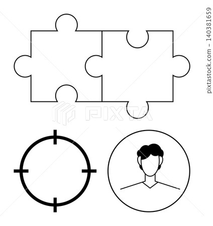 Teamwork, decision-making, personalization, problem-solving, focus, goal-setting. Two puzzle pieces, a target icon and a human silhouette face. Teamwork and decision-making concepts Teamwork, decision-making, personalization, problem-solving, focus, goal-setting. Two puzzle pieces, a target icon and a human silhouette face. Teamwork and decision-making concepts 140381659