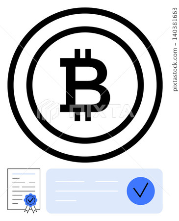 Cryptocurrency, blockchain, digital finance, online verification, secure transactions, regulatory compliance. Bitcoin symbol with document and verification checkmark. Cryptocurrency and blockchain Cryptocurrency, blockchain, digital finance, online verification, secure transactions, regulatory compliance. Bitcoin symbol with document and verification checkmark. Cryptocurrency and blockchain 140381663